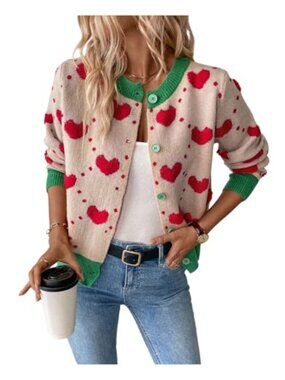 Heart Print Button Down Cardigan Long Sleeve Chunky Knit Sweater